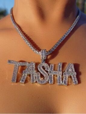 Custom 'TASHA' Name Pendant Necklace - Silver Crystal Women’s Jewelry